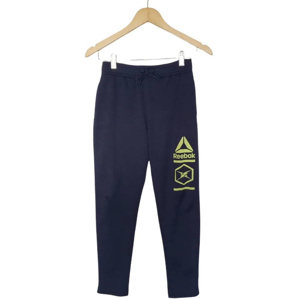 Reebok Boys Joggers Size M 10/12 Navy Blue Lime Green Side Pockets